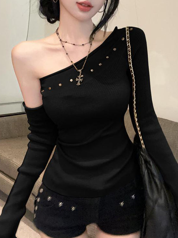 Spicy Girl Style Rhinestone Slanted Shoulder Long Sleeve