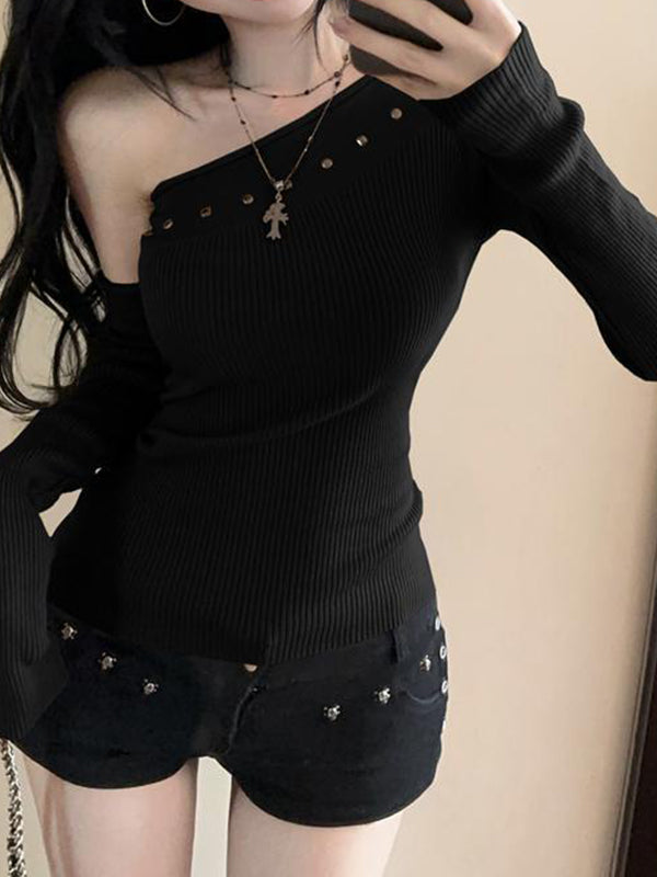 Spicy Girl Style Rhinestone Slanted Shoulder Long Sleeve