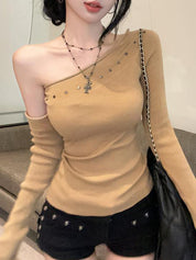 Spicy Girl Style Rhinestone Slanted Shoulder Long Sleeve