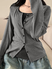 Striped Button Placket Long Sleeve