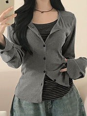 Striped Button Placket Long Sleeve