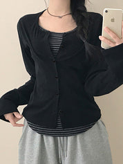 Striped Button Placket Long Sleeve