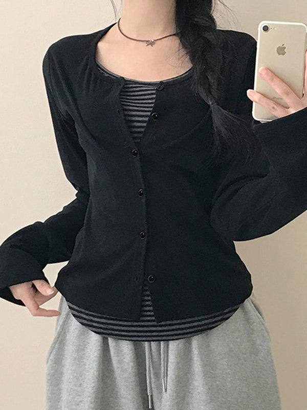 Striped Button Placket Long Sleeve