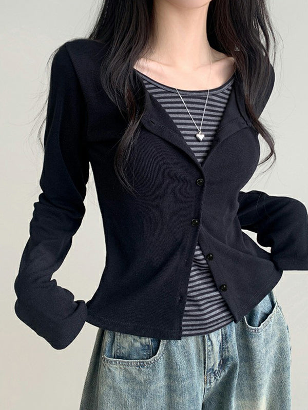 Striped Button Placket Long Sleeve