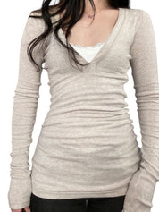 V-Neck Lace Patchwork Long Sleeve