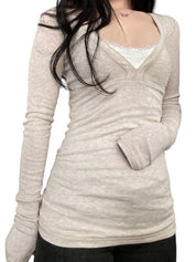 V-Neck Lace Patchwork Long Sleeve