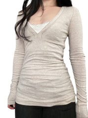 V-Neck Lace Patchwork Long Sleeve