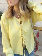 Solid-Colour Crew-Neck Tie-Neck Cardigan