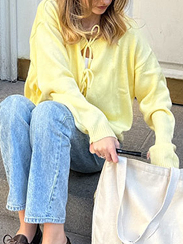 Solid-Colour Crew-Neck Tie-Neck Cardigan