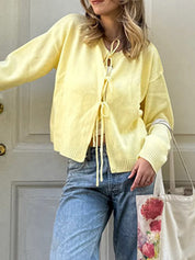 Solid-Colour Crew-Neck Tie-Neck Cardigan