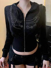 Dark-Themed Rhinestone-Embellished Print Jacket