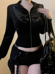 Dark-Themed Rhinestone-Embellished Print Jacket