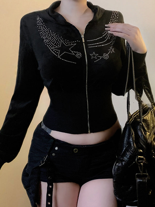 Dark-Themed Rhinestone-Embellished Print Jacket