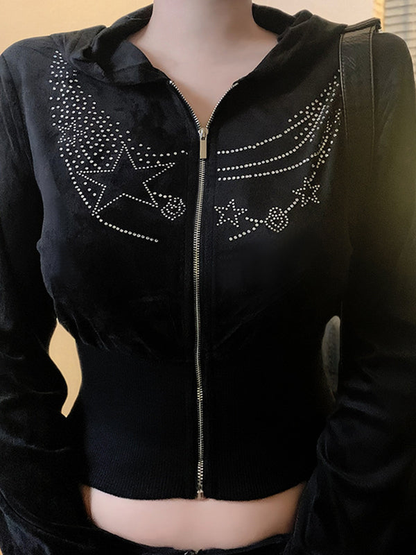 Dark-Themed Rhinestone-Embellished Print Jacket