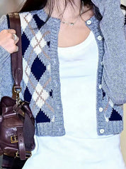 Round-Neck Jacquard Diamond Pattern Cardigan