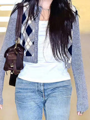 Round-Neck Jacquard Diamond Pattern Cardigan