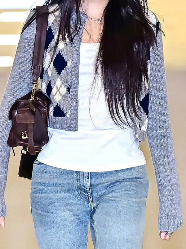 Round-Neck Jacquard Diamond Pattern Cardigan