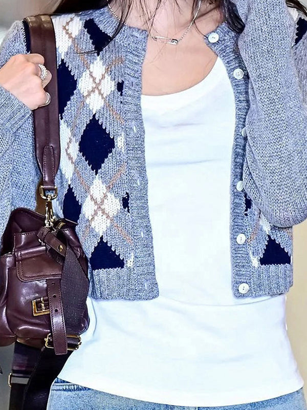 Round-Neck Jacquard Diamond Pattern Cardigan