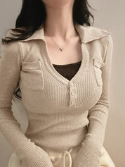 Slim-Fit V-Neck Slimming Effect Long Sleeve