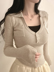 Slim-Fit V-Neck Slimming Effect Long Sleeve