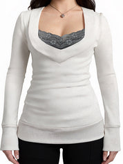 Vee Neck Lace Insert Long Sleeve