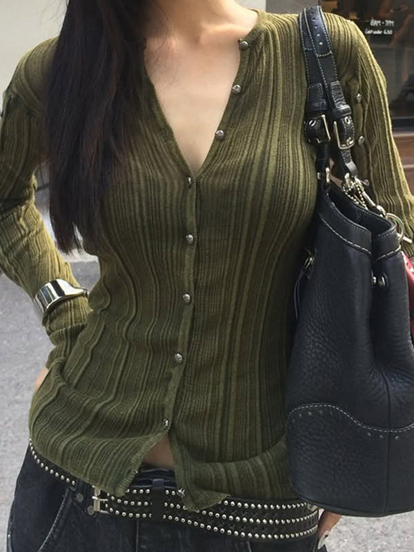 V-Neck Fitted Button-Down Cardigan