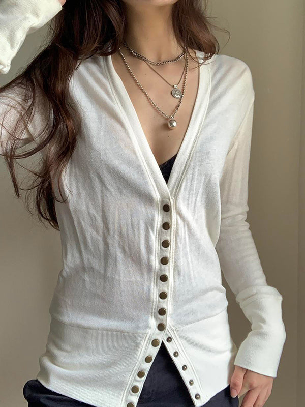 Solid-Coloured Button-Down V-Neck Cardigan
