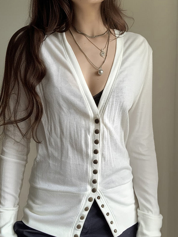 Solid-Coloured Button-Down V-Neck Cardigan