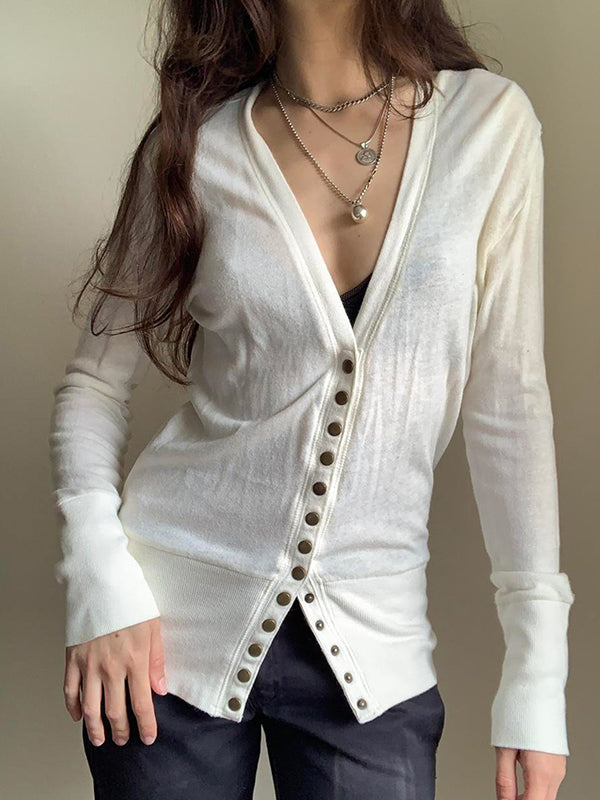 Solid-Coloured Button-Down V-Neck Cardigan