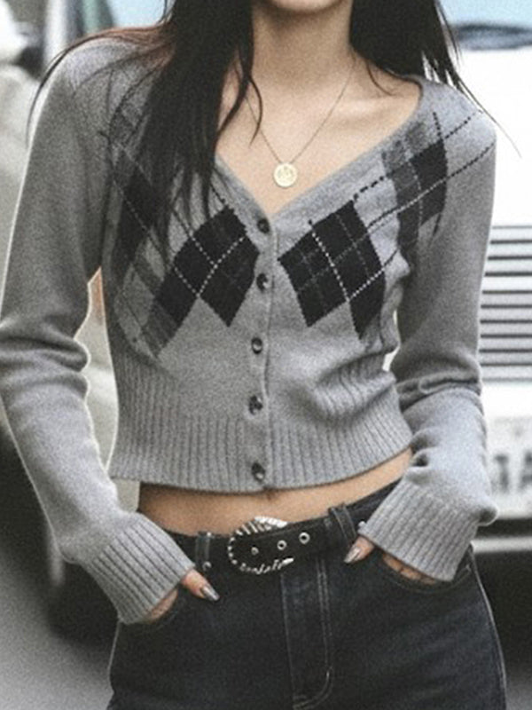 Diamond-Patterned Woollen Fabric Cardigan