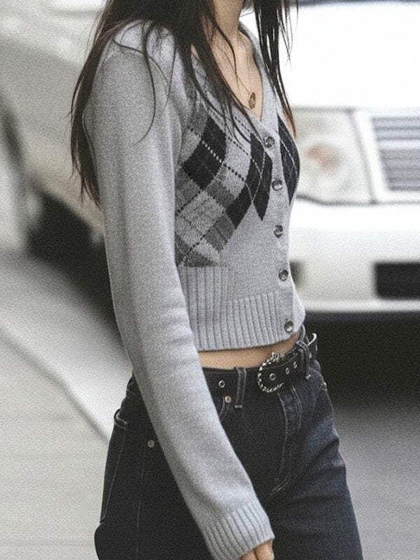 Diamond-Patterned Woollen Fabric Cardigan