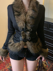 Retro Fur-Trimmed Patchwork Jacket
