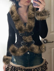 Retro Fur-Trimmed Patchwork Jacket