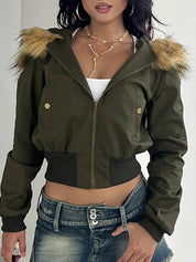 Hooded Fur-Trimmed Zip-Up Jacket