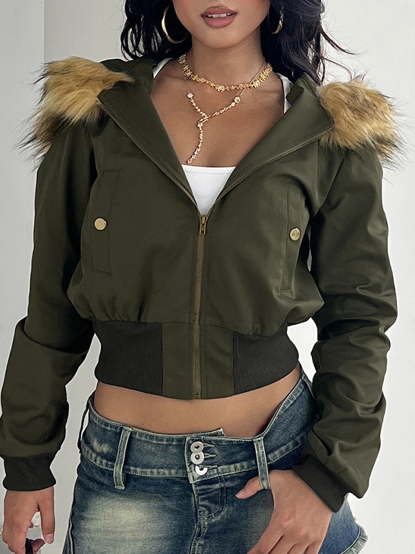 Hooded Fur-Trimmed Zip-Up Jacket