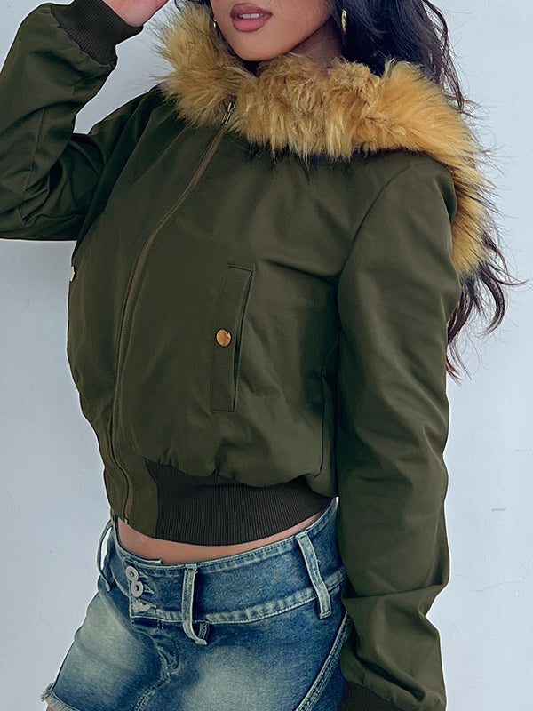 Hooded Fur-Trimmed Zip-Up Jacket