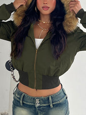 Hooded Fur-Trimmed Zip-Up Jacket