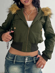 Hooded Fur-Trimmed Zip-Up Jacket