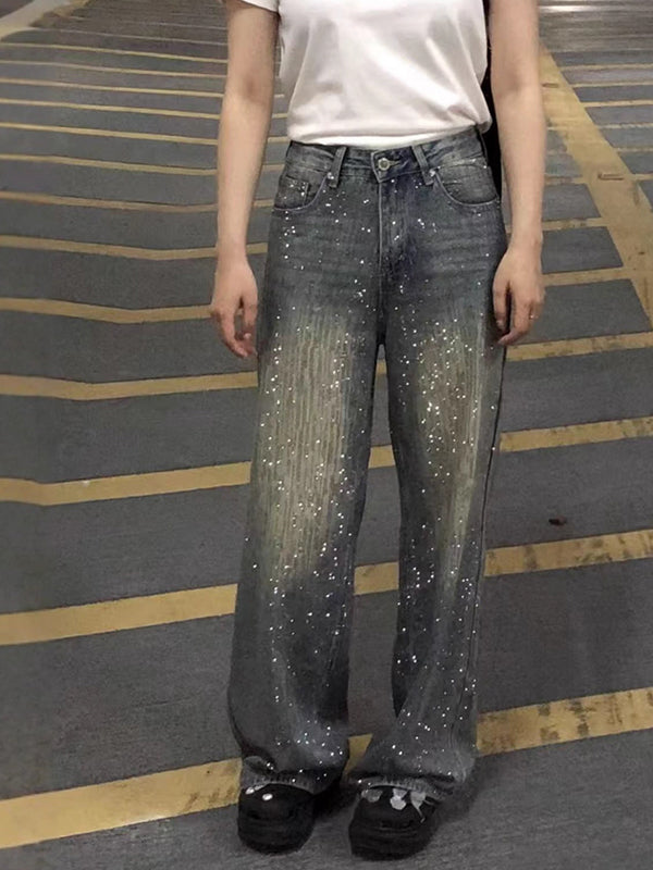 Women's Rhinestone Washed Wide-Leg Jeans