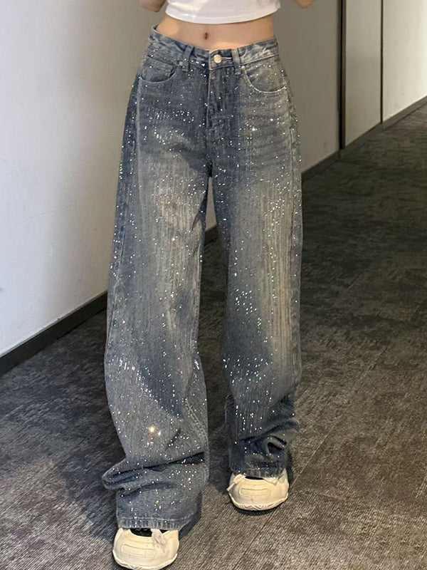 Women's Rhinestone Washed Wide-Leg Jeans