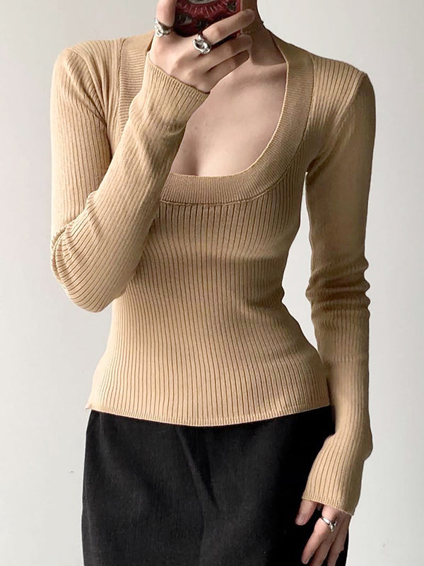 Simple U-Neck Low-Cut Long Sleeve