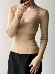 Simple U-Neck Low-Cut Long Sleeve