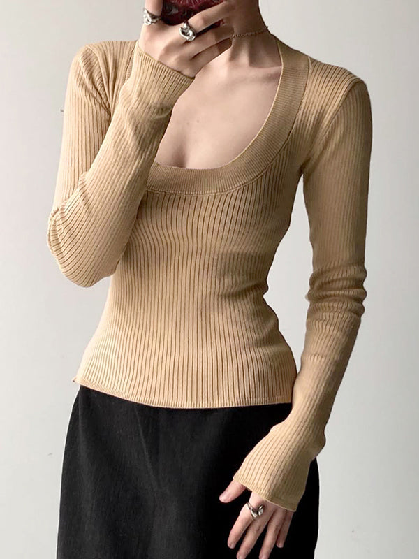 Simple U-Neck Low-Cut Long Sleeve