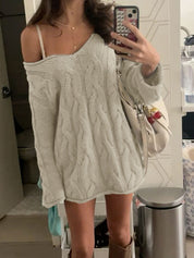 Off-The-Shoulder V-Neck Cable Knit Sweaters