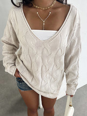 Off-The-Shoulder V-Neck Cable Knit Sweaters