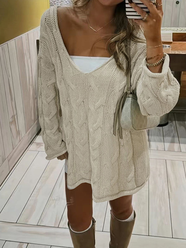 Off-The-Shoulder V-Neck Cable Knit Sweaters