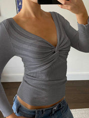 V-Neck Solid Color Fitted Waist Long Sleeve