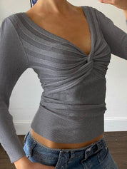V-Neck Solid Color Fitted Waist Long Sleeve