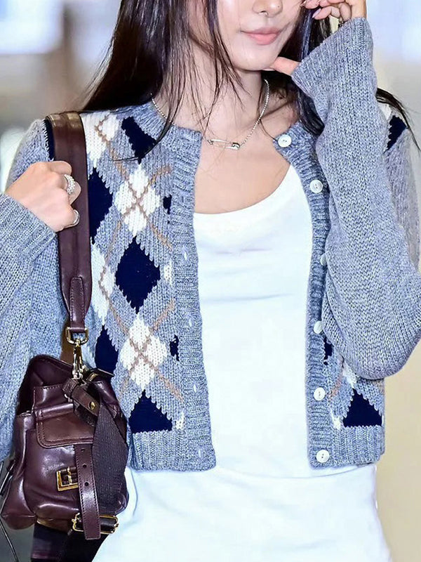 Checkered Button Placket Cardigan