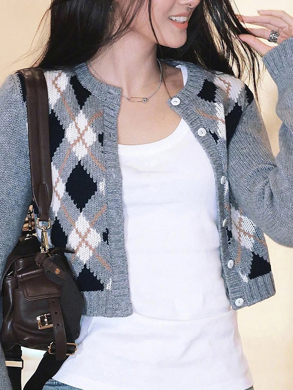 Checkered Button Placket Cardigan